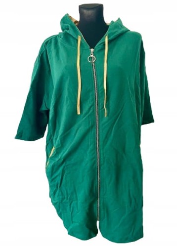 Zielona rozpinana bluza oversize plus size z kapturem i żółtymi wstawkami