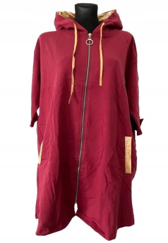 Bordowa rozpinana bluza oversize plus size z kapturem i żółtymi wstawkami