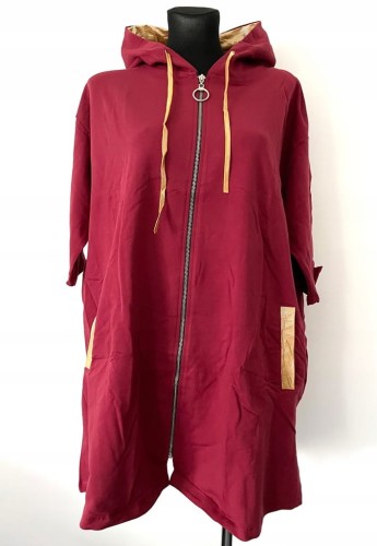 Bordowa rozpinana bluza oversize plus size z kapturem i żółtymi wstawkami
