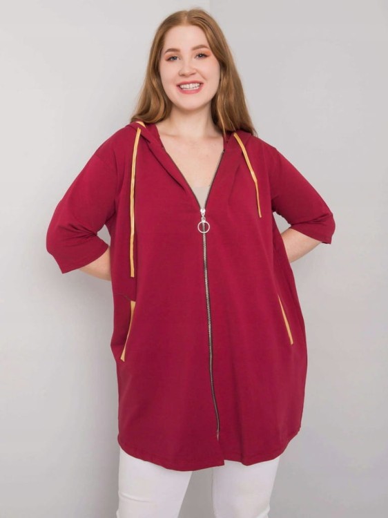 Bordowa rozpinana bluza oversize plus size z kapturem i żółtymi wstawkami