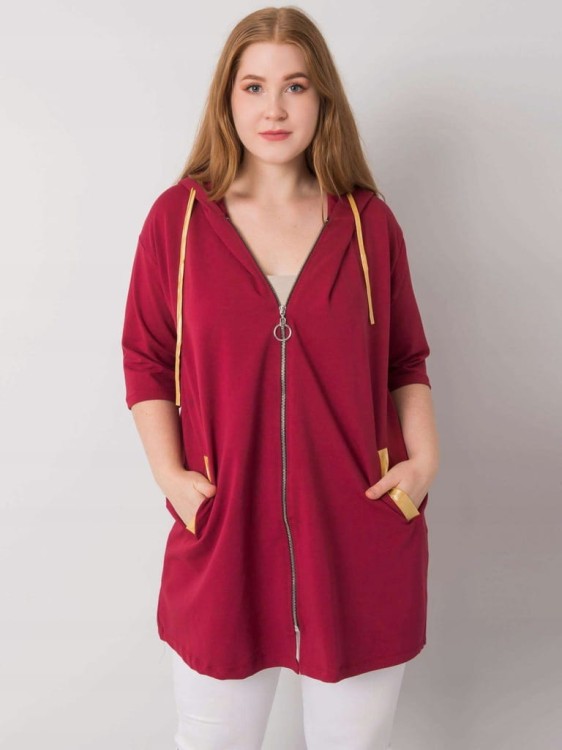 Bordowa rozpinana bluza oversize plus size z kapturem i żółtymi wstawkami