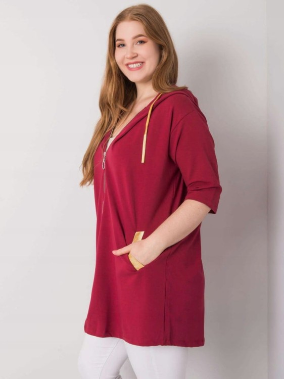 Bordowa rozpinana bluza oversize plus size z kapturem i żółtymi wstawkami