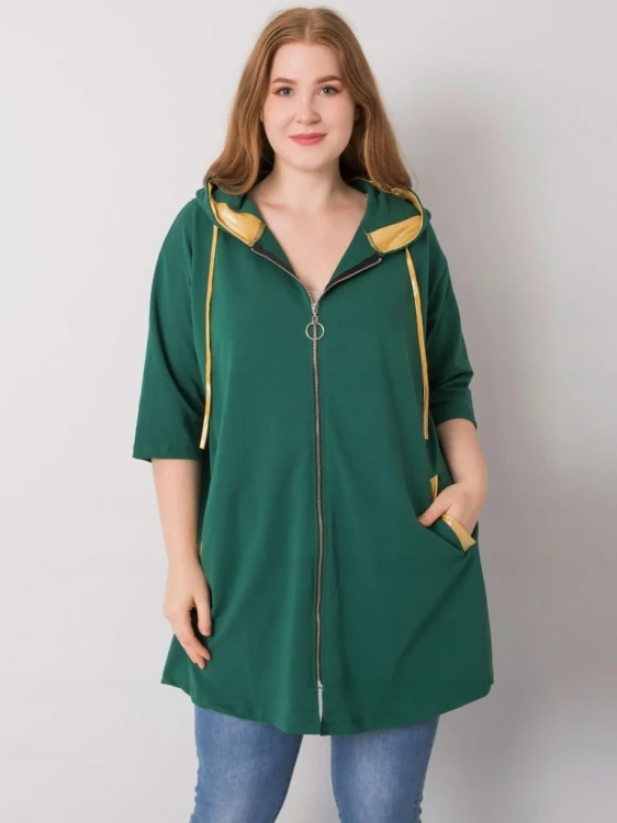 Zielona rozpinana bluza oversize plus size z kapturem i żółtymi wstawkami