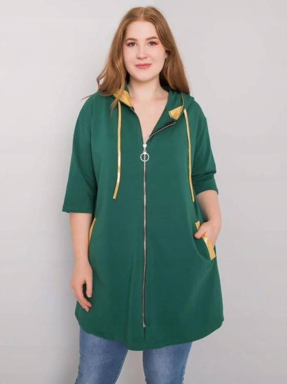 Zielona rozpinana bluza oversize plus size z kapturem i żółtymi wstawkami